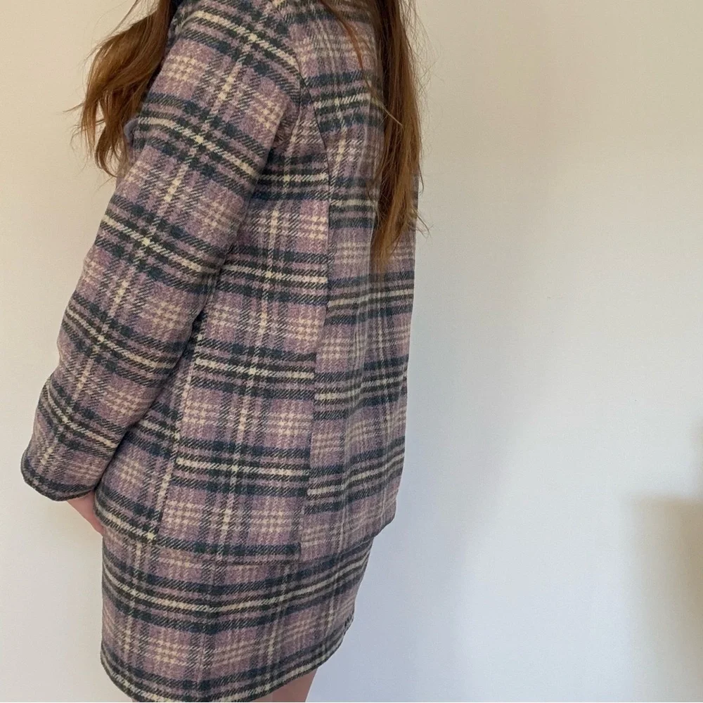 VINTAGE 90s OLD NAVY Lavender Purple Plaid Recycled Wool Jacket and Skirt